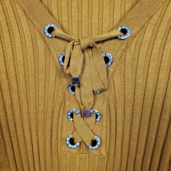 INC International Concepts Lace Up Ribbed Knit Top Yellow Petite XL Long Sleeve - Picture 3 of 9